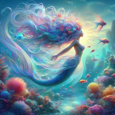 Mermaid swimming in coral reef