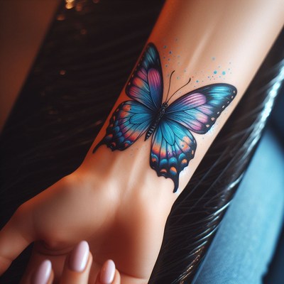 Blue butterfly wrist tattoo