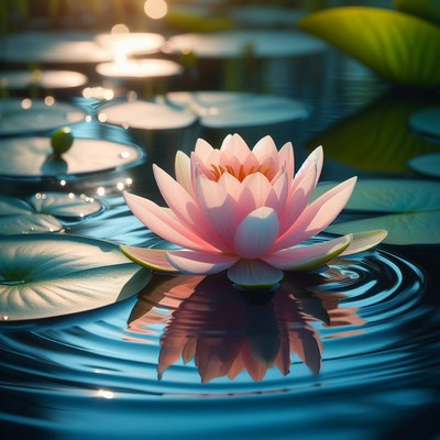Pink lotus flower in pond at sunset