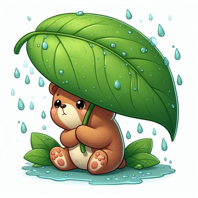 Bear under leaf umbrella in the rain