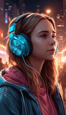 Woman listening to music in city at night