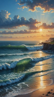 Sunset over coastal waves