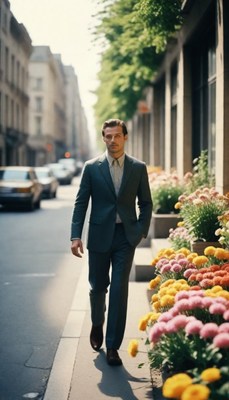 Man walking past flowers in city street