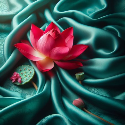 Pink lotus on teal silk