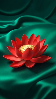 Red lotus flower on green silk