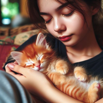 Woman holding sleeping kitten