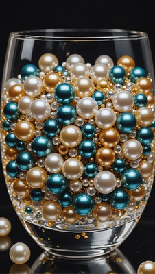 Glass filled with gold, teal, and white pearls