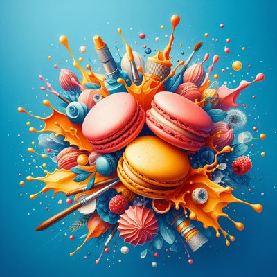 Colorful macarons in a paint splash