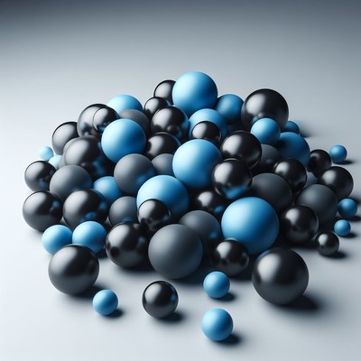 Blue and black spheres on a white background