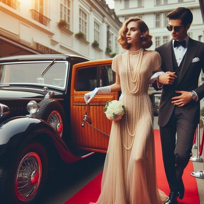 Couple arriving in vintage car on red carpet
