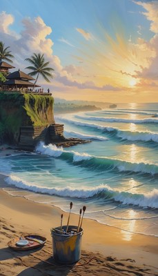 Sunset painting at tanah lot temple
