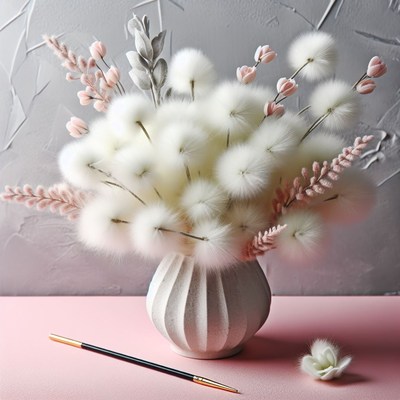 White cotton flowers in vase on pink table