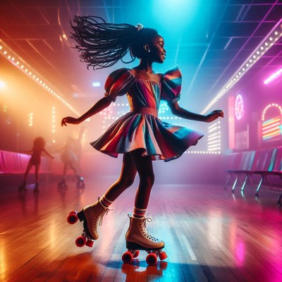 Girl roller skating in a colorful rink