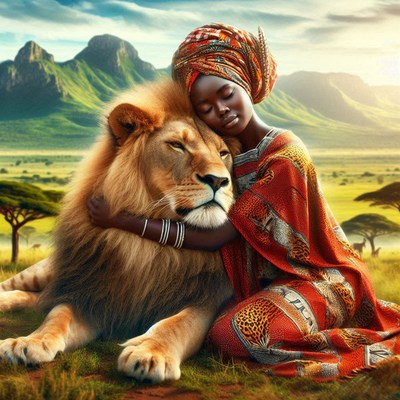 Woman embracing lion in african savanna