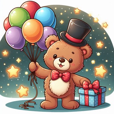Teddy bear holding balloons and gift