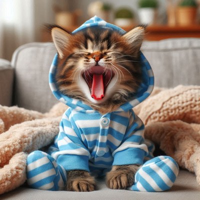 Kitten in pajamas yawning
