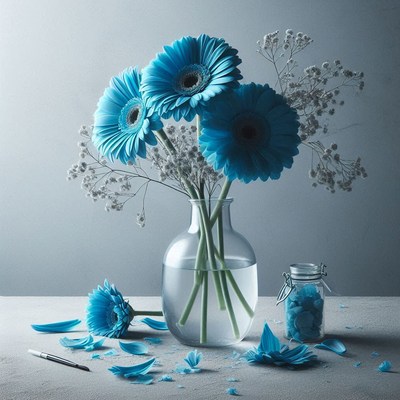 Blue gerbera daisies in a vase