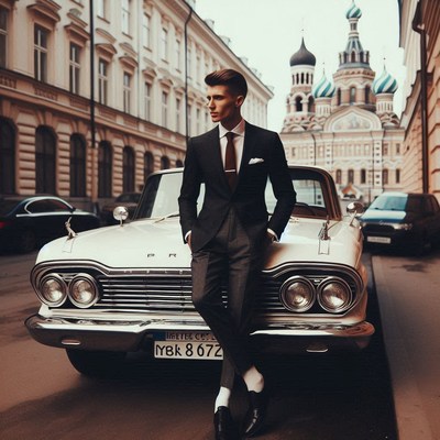 Man in suit leaning on vintage car in city