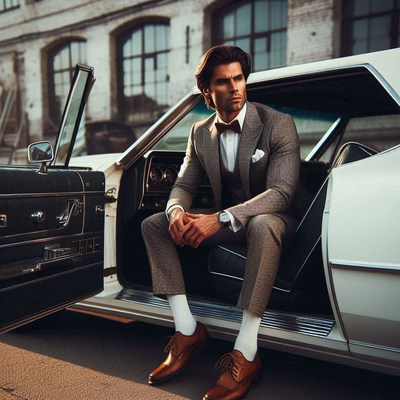 Man in suit leaning out of vintage car