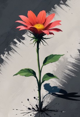 Red flower growing from black splashes