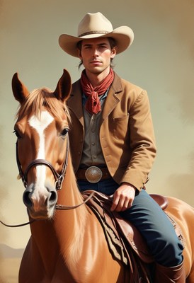 Cowboy riding horse in western landscape