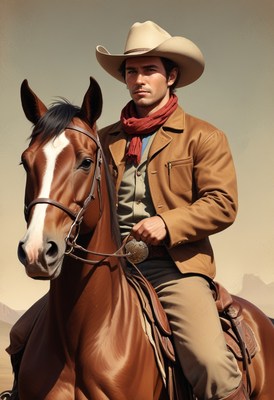 Cowboy riding horse in desert landscape