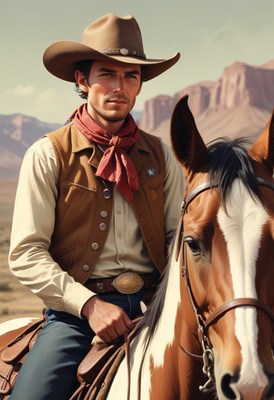 Cowboy riding horse in desert
