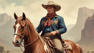 Cowboy riding horse in desert landscape