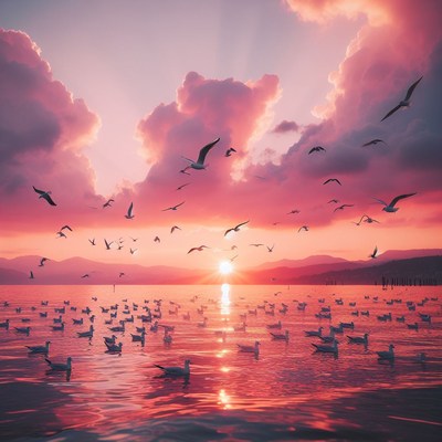 Sunset seagulls over lake