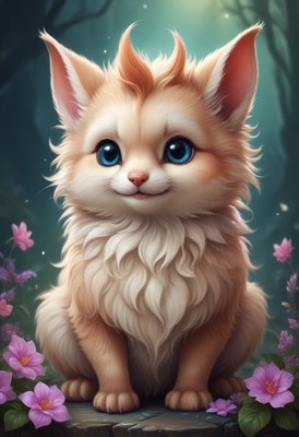 Fluffy kitten sitting among flowers