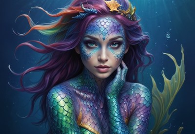 Mermaid with rainbow hair under water