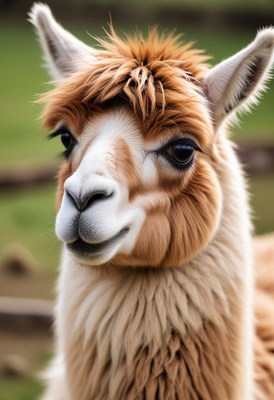 Close-up portrait of alpaca with brown fur
