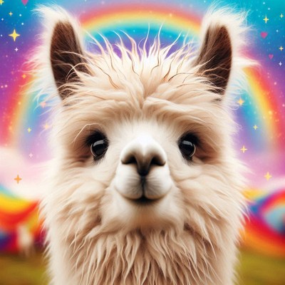 Smiling alpaca under rainbow