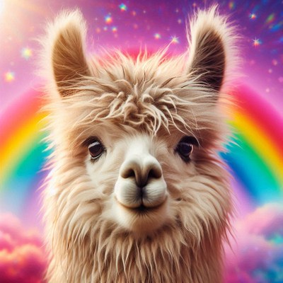Llama portrait with rainbow