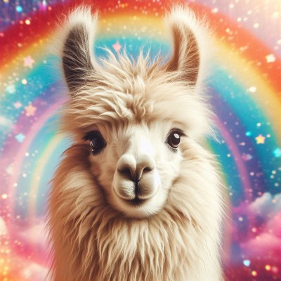 Llama portrait against rainbow