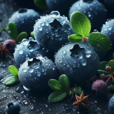 Dewy blueberries on dark surface