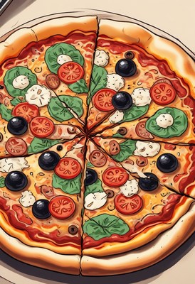 Sliced pizza with tomatoes and olives
