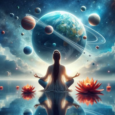 Woman meditating before giant earth