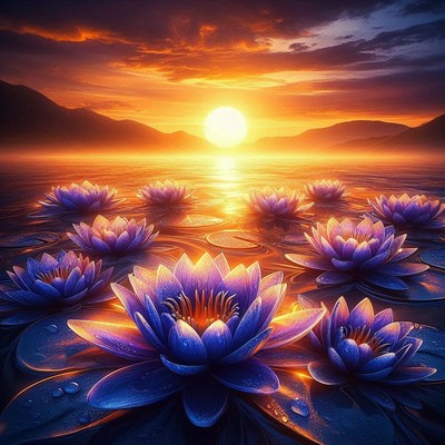 Lotus flowers at sunset