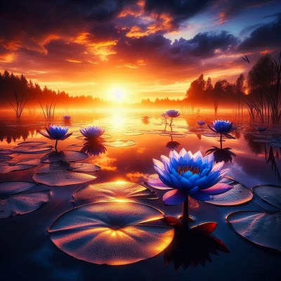 Sunset over lotus pond