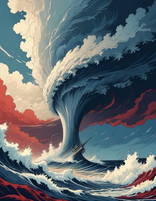 Giant wave and ship in stormy sea