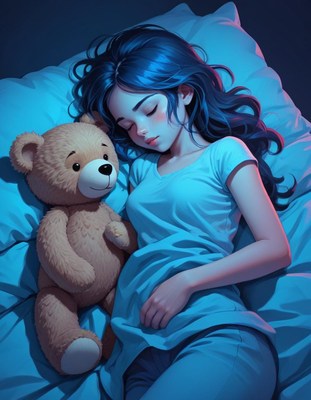 Woman sleeping with teddy bear