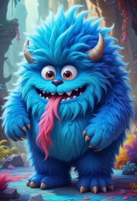 Blue furry monster with pink tongue