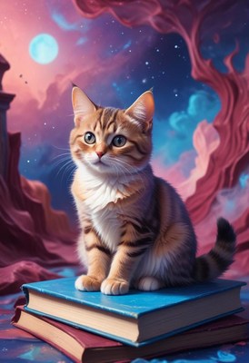 Kitten on books in fantasy setting
