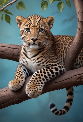 Leopard cub resting on branch