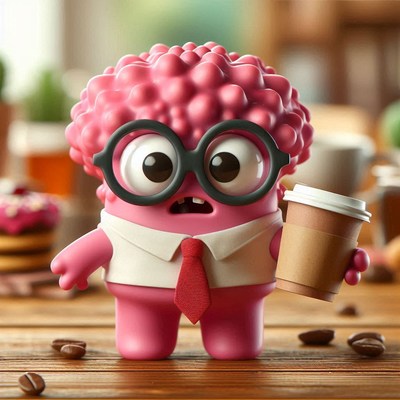 Pink monster holding coffee
