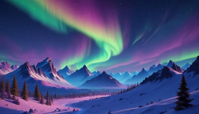 Aurora borealis over snowy mountains