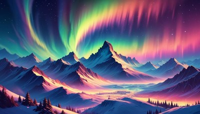 Aurora borealis over snowy mountains