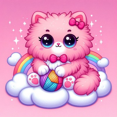 Pink cat playing with yarn on cloud