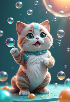 Kitten playing with bubbles